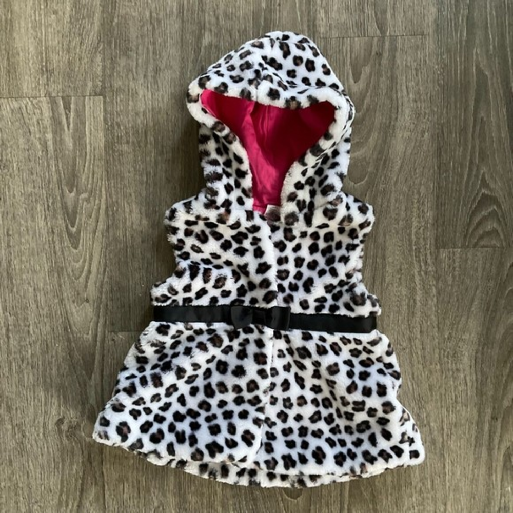 Faux Fur Hooded Leopard Print Pink Vest Jacket Toddler Girls Size 4T EUC